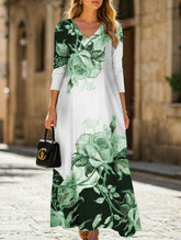 Printed V-neck button-down long-sleeved dress